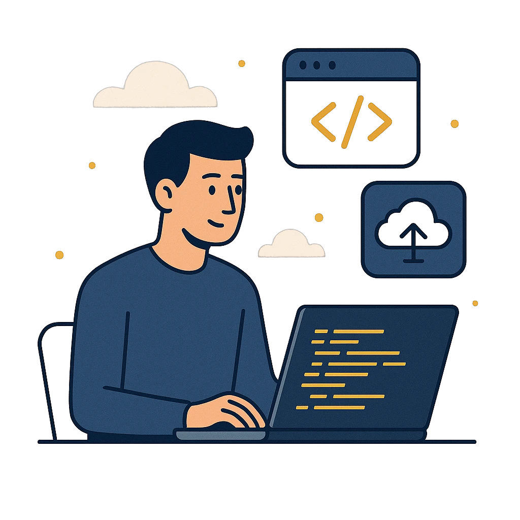 HEXEL tech Webentwickler Illustration mit Laptop und Code